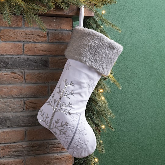 Set of 3 White Christmas Stockings 21/" Faux Furry Silver Large Snowflake Xmas US